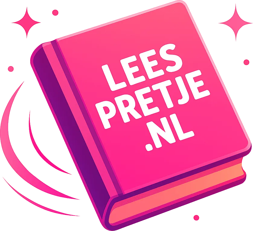 Het logo van Leespretje.nl: een roze boek met sterretjes